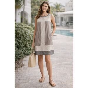 Promod Linen Look Colorblock Sleeveless Shift Dress Minimalist Neutral Small
